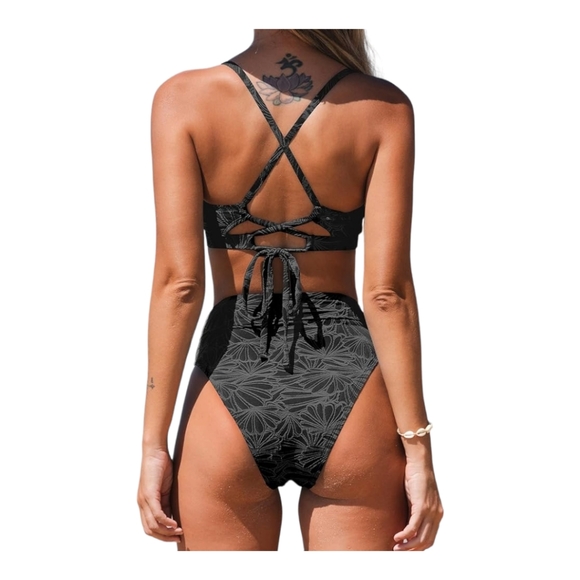 Cupshe Two Piece Swimwear Scalloped Vneck High Waisted Bralette Black Small - Picture 2 of 4